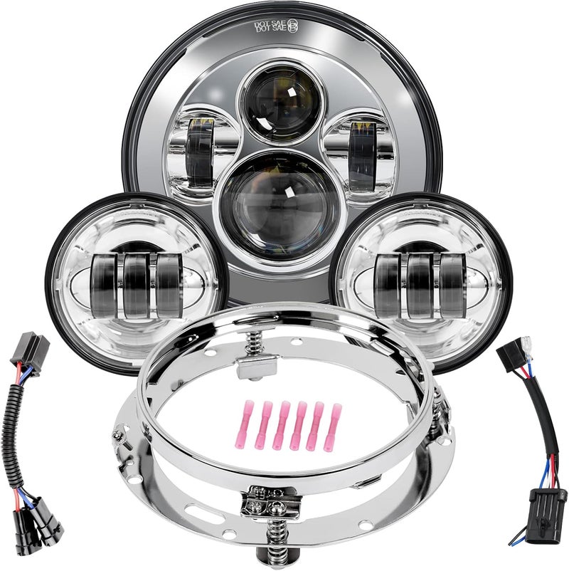 Wisamic Motorcycle LED Headlight 7 inch, 4.5 inch Passing Lamps Fog Lights and Mounting Ring, Compatible with Harley Davidson Road King Ultra Classic Electra Street Glide (Silver) - Image 1